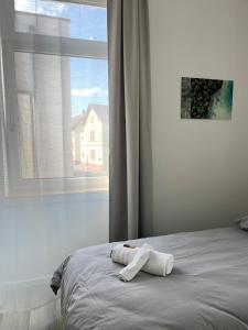 a bed with a towel on it in front of a window at Homburg-Residenz in Bad Homburg vor der Höhe