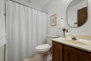a bathroom with a toilet and a sink and a mirror at Chalet Malm - Treetop Mountain Cabin in Basye +55 photos