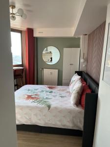 a bedroom with a bed and a mirror at Studio Douce Brise in Dunkerque