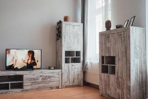 a television sitting on a wooden cabinet in a living room at Ferienwohnung Klinikblick in Plauen