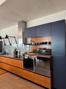 a kitchen with stainless steel appliances and wooden cabinets at Casa dei Pini Blu in Golem