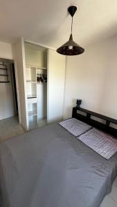 a bedroom with a large bed and a lamp at De la Gardiole à la mer in Frontignan