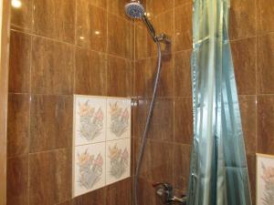 a bathroom with a shower with a shower curtain at AntiK Apart Hotel in Rīga