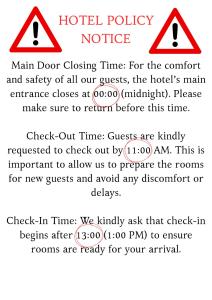 a sign that reads main door closing time for the comfort and safety of all at Hotel Svanseti in Mestia