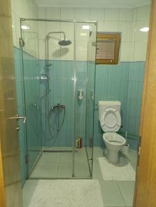a bathroom with a glass shower with a toilet at House Sarajevo in Sarajevo +52 photos