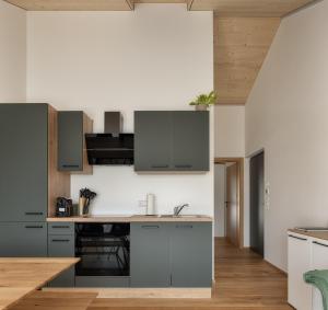 una cucina con mobili grigi e bianchi e pavimenti in legno di KopfRausch Appartements a Feldkirch