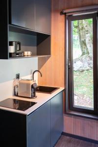 a kitchen with a sink and a window at Ginger Cabins in Žabljak +25 photos