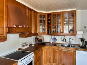 a kitchen with wooden cabinets and a stove top oven at Explore Håøya Nature Reserve in Helgeroa