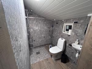 a bathroom with a shower and a toilet and a sink at Fagervik Camping in Tresfjord +137 photos