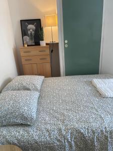 a bedroom with a bed and a cat on a dresser at Apt cosy centre ville in Laval