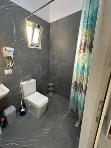 a bathroom with a toilet and a shower curtain at Villa Aliaj in Vlorë