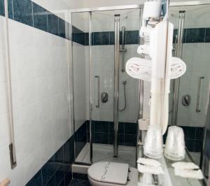a bathroom with a shower and a toilet and towels at Hotel Rosa Del Tirreno in Quercianella