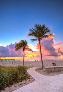 two palm trees on the beach at sunset at NEW Pool Home with King Bed Mins to Hospital and Beach in Fort Lauderdale