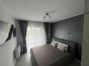 a bedroom with a bed and a window at Nova One Apartment in Craiova