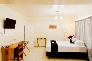 a bedroom with a bed and a desk and a television at Moatoga Hotel in Apia