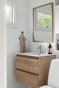 a bathroom with a sink and a mirror at Bright And Classic House Near Høve Beach in Asnæs