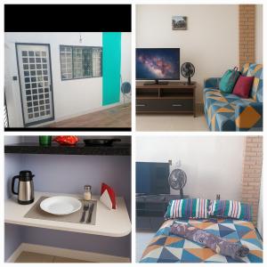 a collage of four pictures of a room at Micro-casa1 pedregal Novo Gama GO prox Valparaiso ideal para trabalho descanso silêncio in Novo Gama