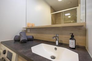 アルビにあるEntre gare et Vieux Centreの白い洗面台と鏡のあるバスルーム