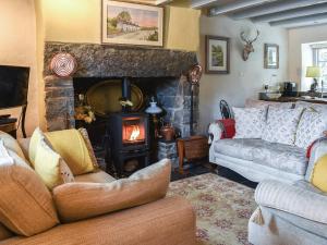 a living room with a couch and a fireplace at Summerhill Tanyrhos in Blaenau-Ffestiniog