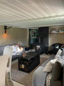 a living room with a couch and a fireplace at Charming Old Forest Cabin An Hour From Oslo in Vortungen