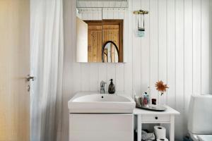 une salle de bains avec un lavabo blanc et un miroir dans l'établissement Enjoy Outdoor Life With Orangery And Kitchen, à Græsted 27 autres photos