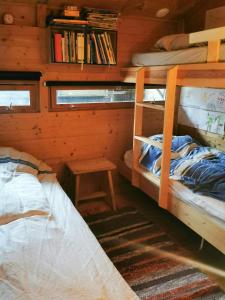 Un dormitorio con dos literas en una cabaña. en Ål Cabin With Panoramic Views, en Favang