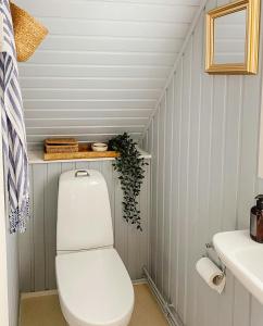 a bathroom with a white toilet and a sink at Quiet In House By The South Funen Archipelago in Humble