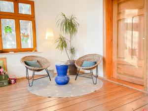 ein Zimmer mit zwei Stühlen und einem Tisch mit einer blauen Vase in der Unterkunft Spacious Country House With Idyllic Orchard in Schönwalde