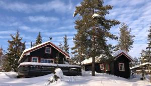 a cabin in the snow with snow covered trees at Enjoy Traditional, Norwegian Cabin Coziness in Traut