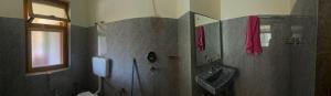 a bathroom with a shower and a sink and a toilet at OM homestay in Lāmayūrū
