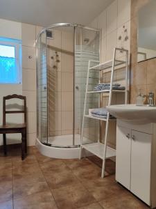 a bathroom with a shower and a sink at Chaty Sielanka in Junoszyno
