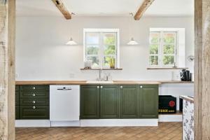 a kitchen with green cabinets and white appliances at Nostalgic Charm In A Yellow Timber House in Sakskøbing +32 photos
