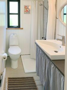 a bathroom with a toilet and a sink at Forest Cabin With Panoramic View Near Blokhus in Blokhus
