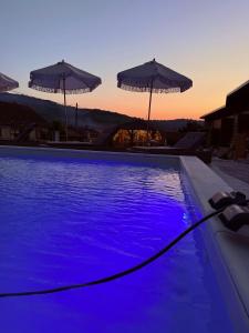 Una piscina azul con sombrillas encima de una casa. en Zaz HOME, en Sasca Română