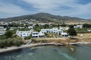 an aerial view of a town with white houses and water at Villa Drios Semeli Paros in Drios