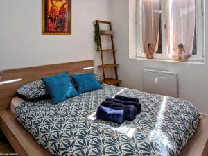 une chambre avec un lit avec des oreillers bleus dessus dans l'établissement La ville à la campagne - Appartement rénové à Héricourt - FR-1-583-490, à Héricourt