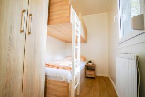 a small bedroom with a bunk bed and a ladder at Mobilheim 3 in Lohmen