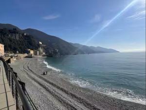 a view of a beach with the ocean and mountains at nonna flo in Monterosso al Mare