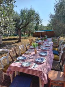 a long table with a checkered table cloth on it at Home Il Cortiglione in Frascati
