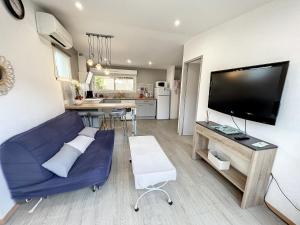 a living room with a blue couch and a flat screen tv at Calme et sérenité in Le Barcarès