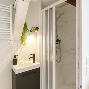 a bathroom with a sink and a shower at Studio Cosy ambiance Tiny House in Angers