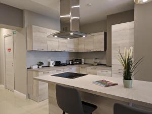 a kitchen with a large island with chairs in it at Salus Holiday Apartment in Victoria