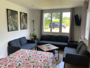 ein Wohnzimmer mit Sofa und Tisch in der Unterkunft Gite l'Amical in Roézé-sur-Sarthe