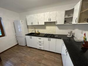 a kitchen with white cabinets and a white refrigerator at Casa De Vacanță Maga Dubova in Dubova