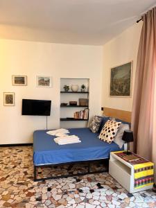 a bedroom with a blue bed and a flat screen tv at Studio di Omero in Verona