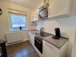a small kitchen with a sink and a stove at MAIN Cozy Casa Peterplatz in Würzburg