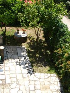 カラミにあるLena Blue Sea Apartmentsの石道上の鉢植え2本の庭園