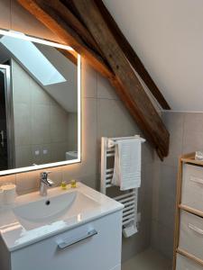 a bathroom with a sink and a mirror at L'Ecrin de la Brenne in Lureuil