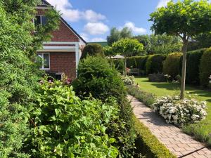a garden in front of a house with bushes at Kranichstube in Rövershagen