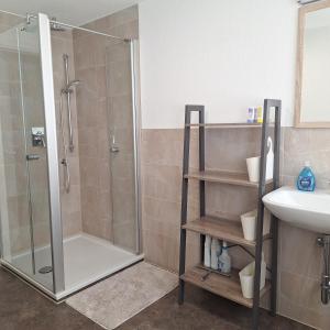a bathroom with a shower and a sink at Gasthaus Sonne 3 in Braunsbach